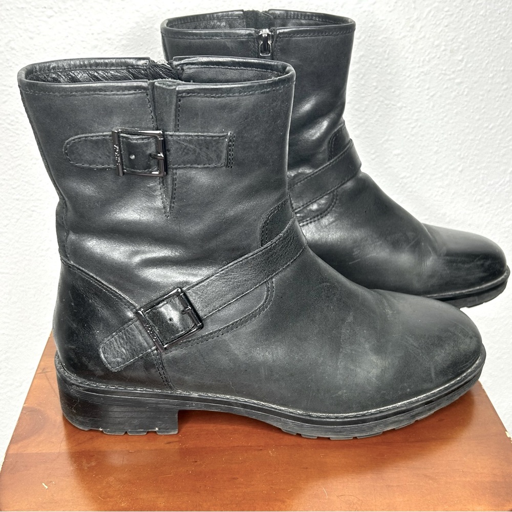Vionic Leather Biker Boots mid calf size 10 women’s Black Buckle Zip